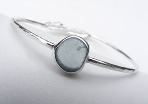 Seafoam seaglass silver bangle with molten texture ocean detail