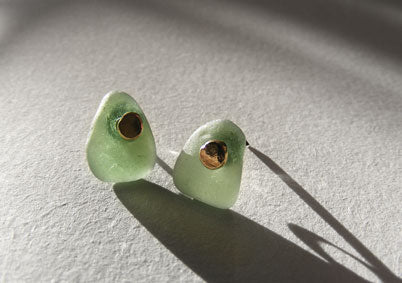 turquoise green sea glass studs with 9ct gold pebble