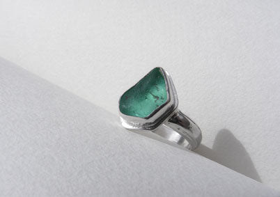 Turquoise sea glass silver bezel set ring