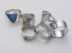 selection of silver beach sea glass rings made in devon