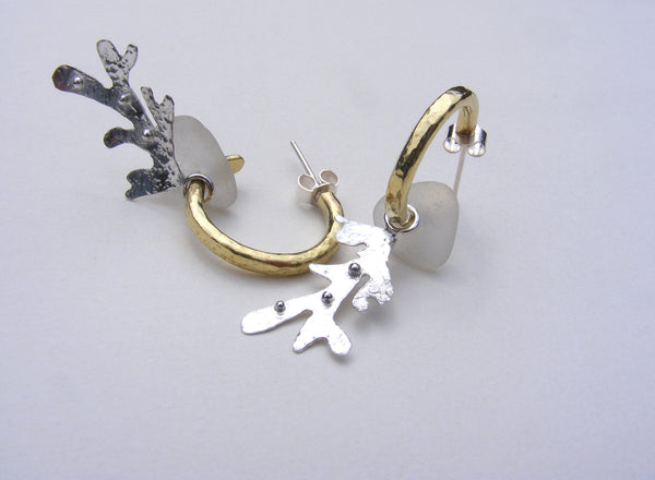 Brass hoop earrings with sea foam sea glass and seaweed strand