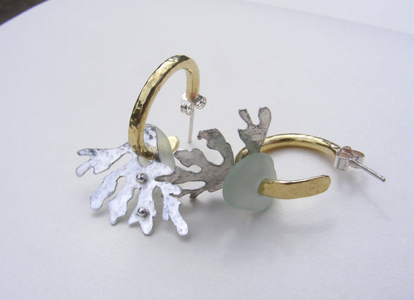 Brass hoop earrings with blue sea foam sea glass and seaweed fan