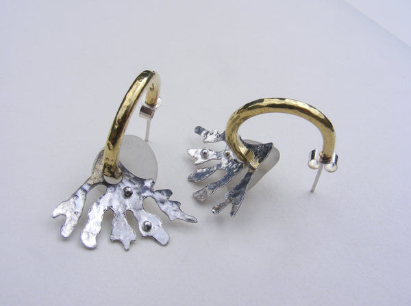 Brass hoop earrings with white sea foam sea glass and seaweed fan