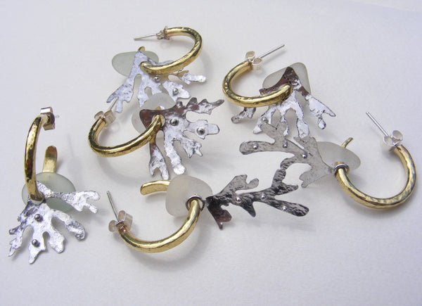 Brass hoop earrings with blue sea foam sea glass and seaweed fan