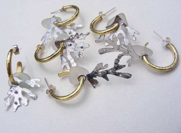 Brass hoop earrings with sea foam sea glass and seaweed strand