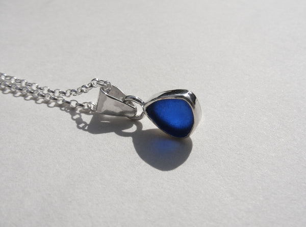 Bristol Blue sea glass pendant with 18" silver Belcher chain