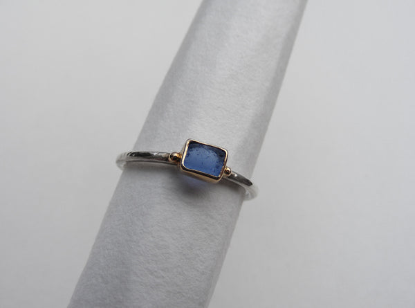 Bristol blue Radient shaped sea glass treasure ring SIZE N