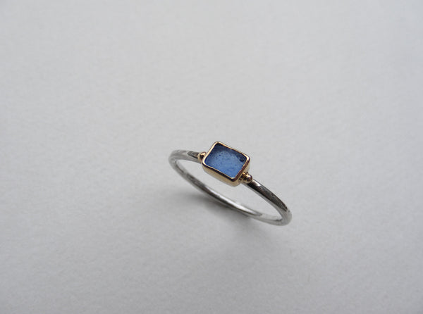 Bristol blue Radient shaped sea glass treasure ring SIZE N