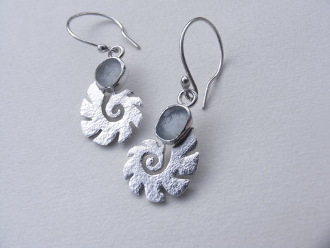Sea Foam sea glass silver drop ammonite earrings
