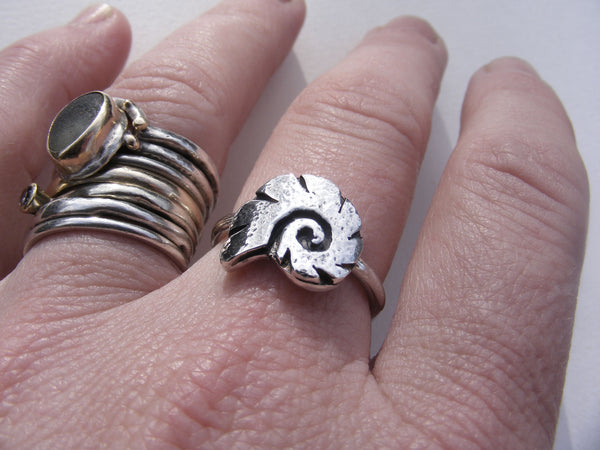Recycled silver cut out Charmouth Ammonite Ring P