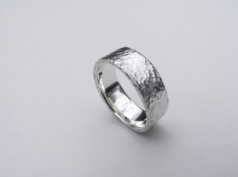 Heavy, hammered, molten ring in recycled silver Size R.5