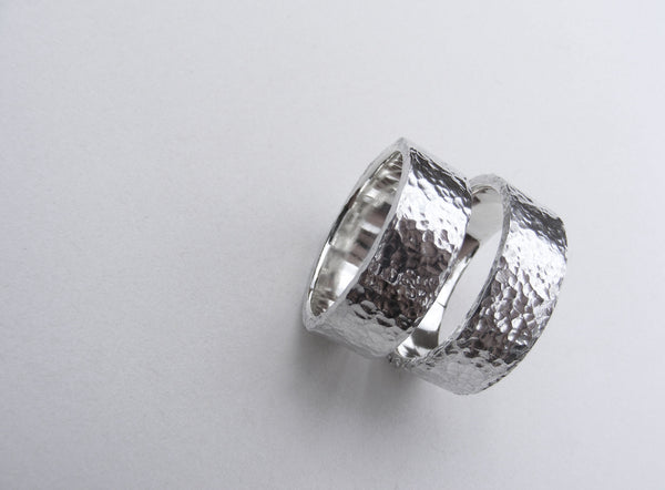 Heavy, hammered, molten ring in recycled silver Size P.5