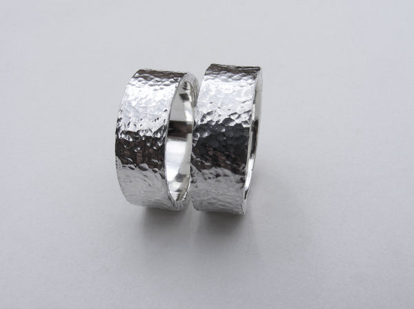 Heavy, hammered, molten ring in recycled silver Size P.5