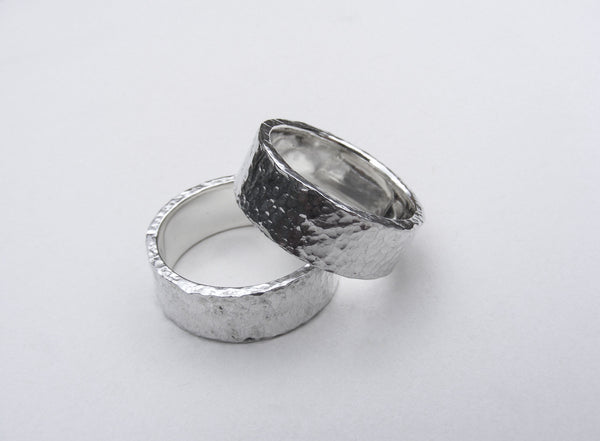 Heavy, hammered, molten ring in recycled silver Size P.5