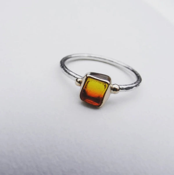 Sunrise sea glass ring. Bezel set in recycled 9ct gold with silver shank. Size O