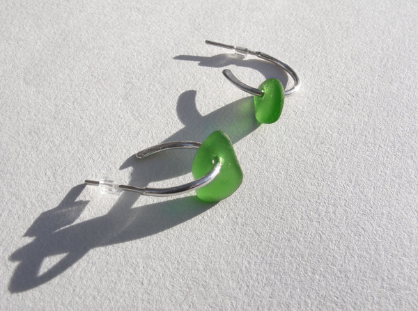Ocean Flow Interchangable drilled Sprite Green sea glass hoop silver earrings
