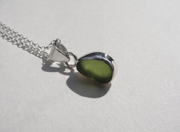 Olive Green sea glass pendant with 16" silver Belcher chain
