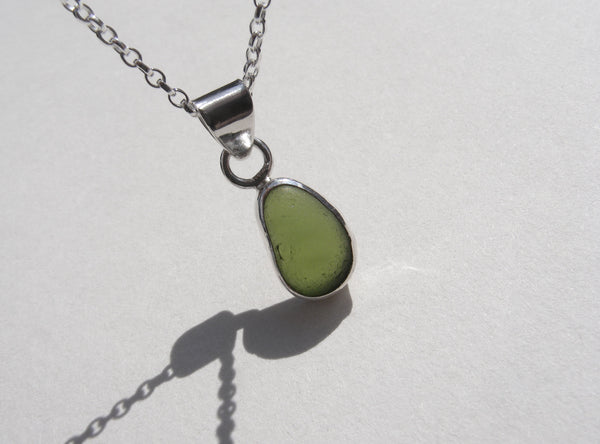 Olive Green sea glass pendant with 16" silver Belcher chain