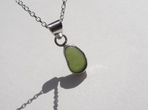 Olive Green sea glass pendant with 16" silver Belcher chain