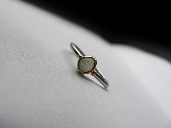 Olive green, round pear shaped sea glass treasure ring SIZE M