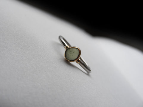 Olive green, round pear shaped sea glass treasure ring SIZE M