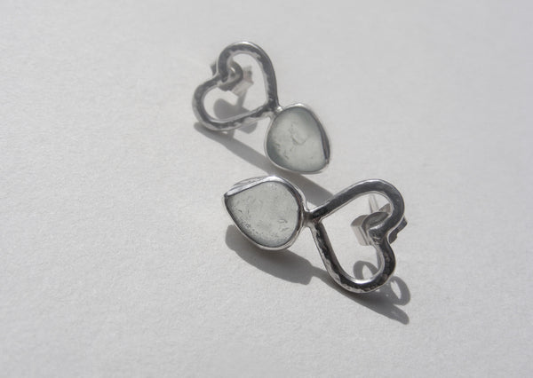 Sea Foam Blue sea glass heart stud earrings