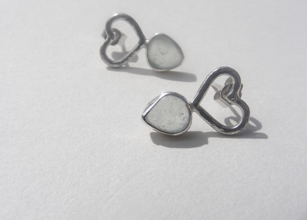 Sea Foam Blue sea glass heart stud earrings