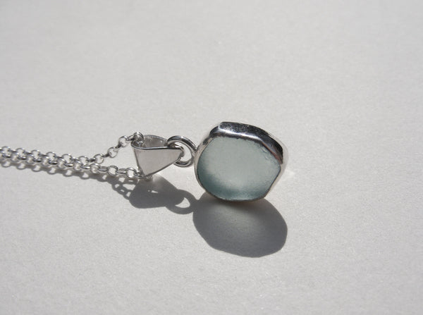 Sea Foam Blue sea glass pendant with 16" silver Belcher chain