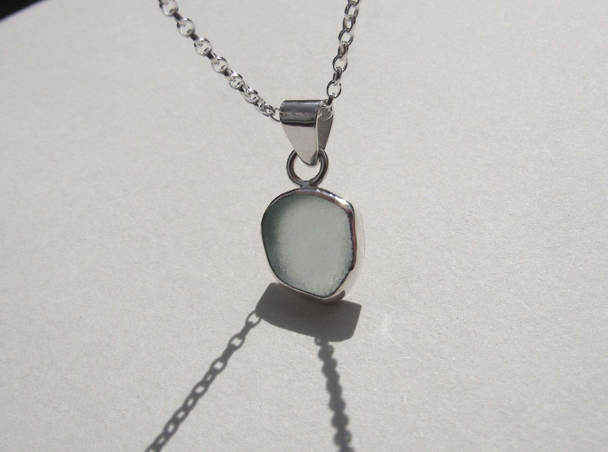 Sea Foam Blue sea glass pendant with 16" silver Belcher chain