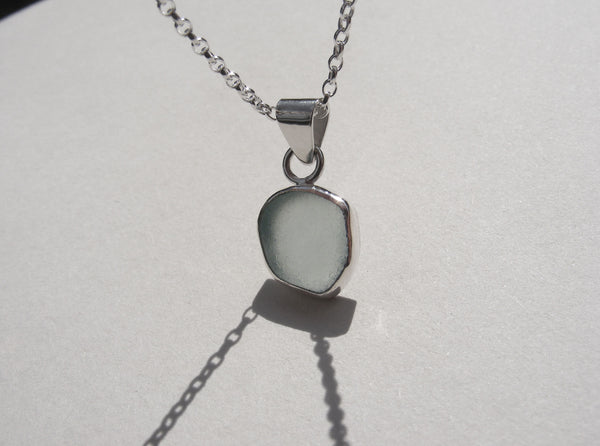 Sea Foam Blue sea glass pendant with 16" silver Belcher chain