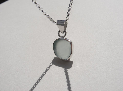 Sea Foam Blue sea glass pendant with 16" silver Belcher chain
