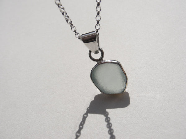 Sea Foam Blue sea glass pendant with 16" silver Belcher chain