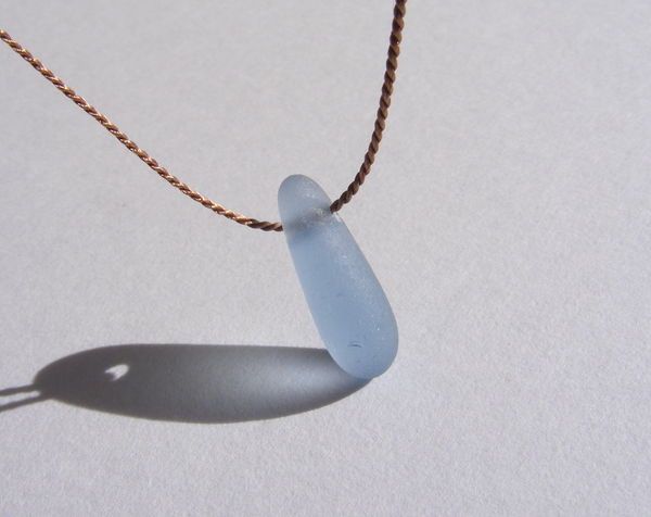 Silk and Shore coastal necklace - beige silk thread - cornflower blue tear drop sea glass