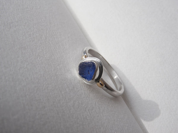 Bristol blue seaglass silver ring with gold nugget details. N