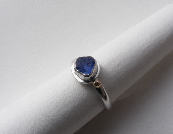 Bristol blue seaglass silver ring with gold nugget details. N