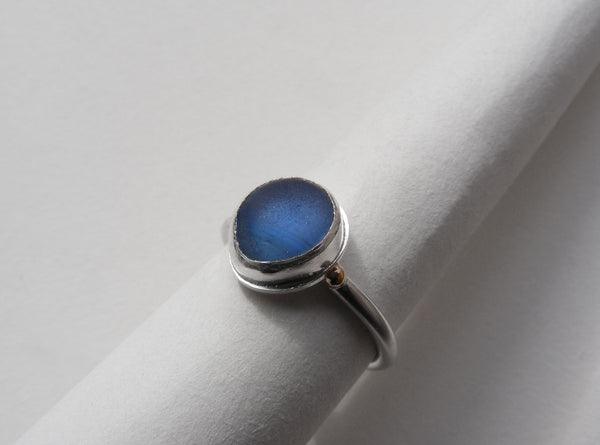 Bristol blue multi seaglass silver ring with gold nugget details. O.5
