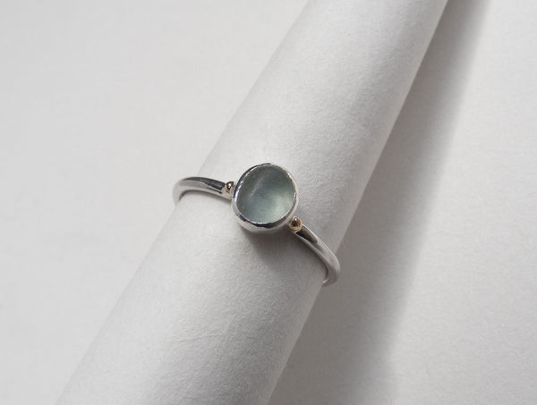 Seafoam seaglass silver ring with gold nugget details. P