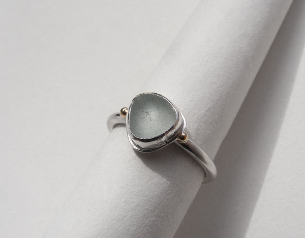 Seafoam seaglass silver ring with gold nugget details. N