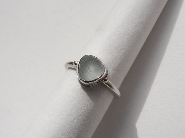 Seafoam seaglass silver ring with gold nugget details. N