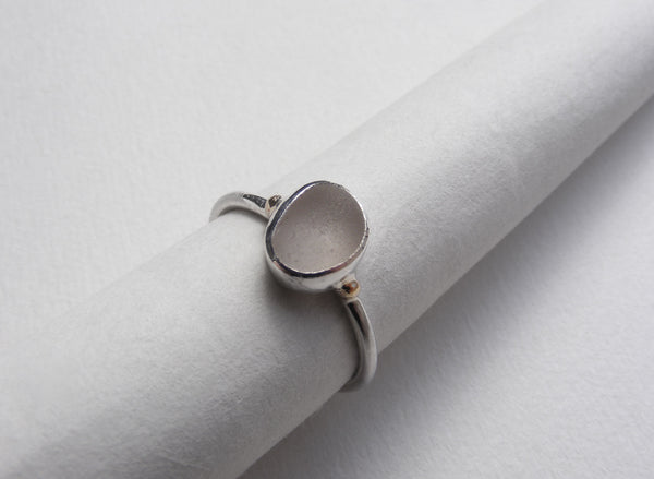 Seafoam white seaglass silver ring with gold nugget details. N