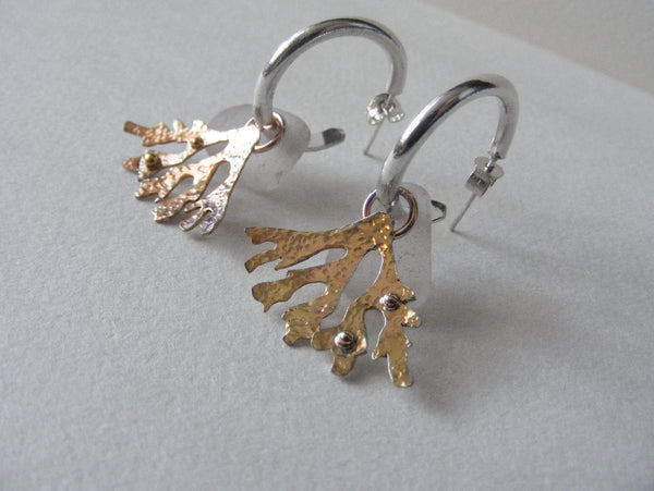 Shiny silver earring hoops with drilled sea foam sea glass and brass textured seaweed