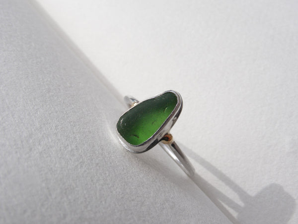 Light green seafoam seaglass silver ring with gold nugget details. O