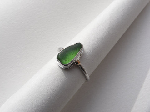 Light green seafoam seaglass silver ring with gold nugget details. O