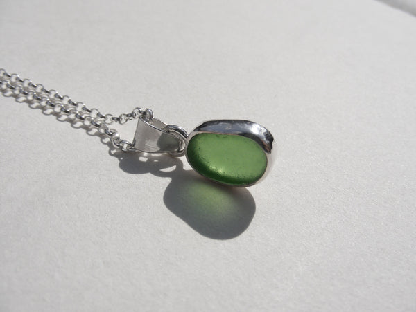 Sprite Green sea glass pendant with 18" silver Belcher chain