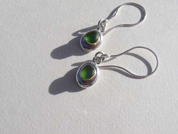 Sprite green sea glass drop earrings with recycled gold bezel
