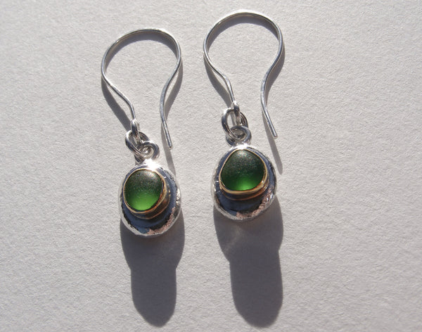 Sprite green sea glass drop earrings with recycled gold bezel