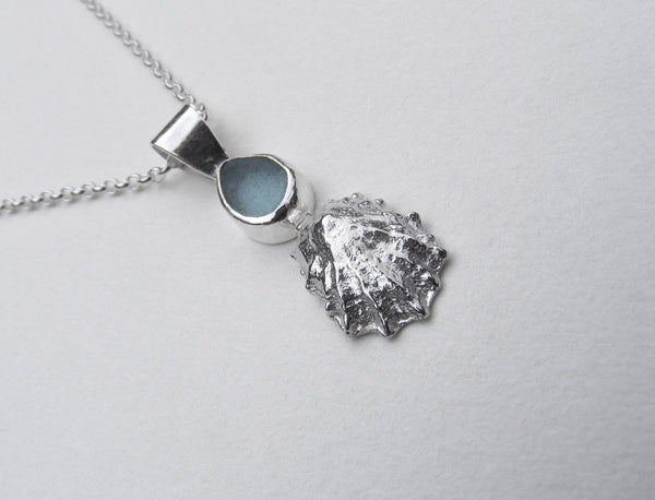 Light Blue St Martin's sea glass and Crackington Haven mini limpet pendant