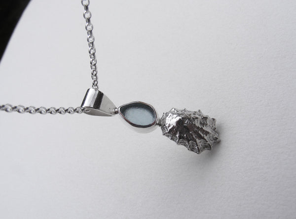 Light Blue St Martin's sea glass and Crackington Haven mini limpet pendant