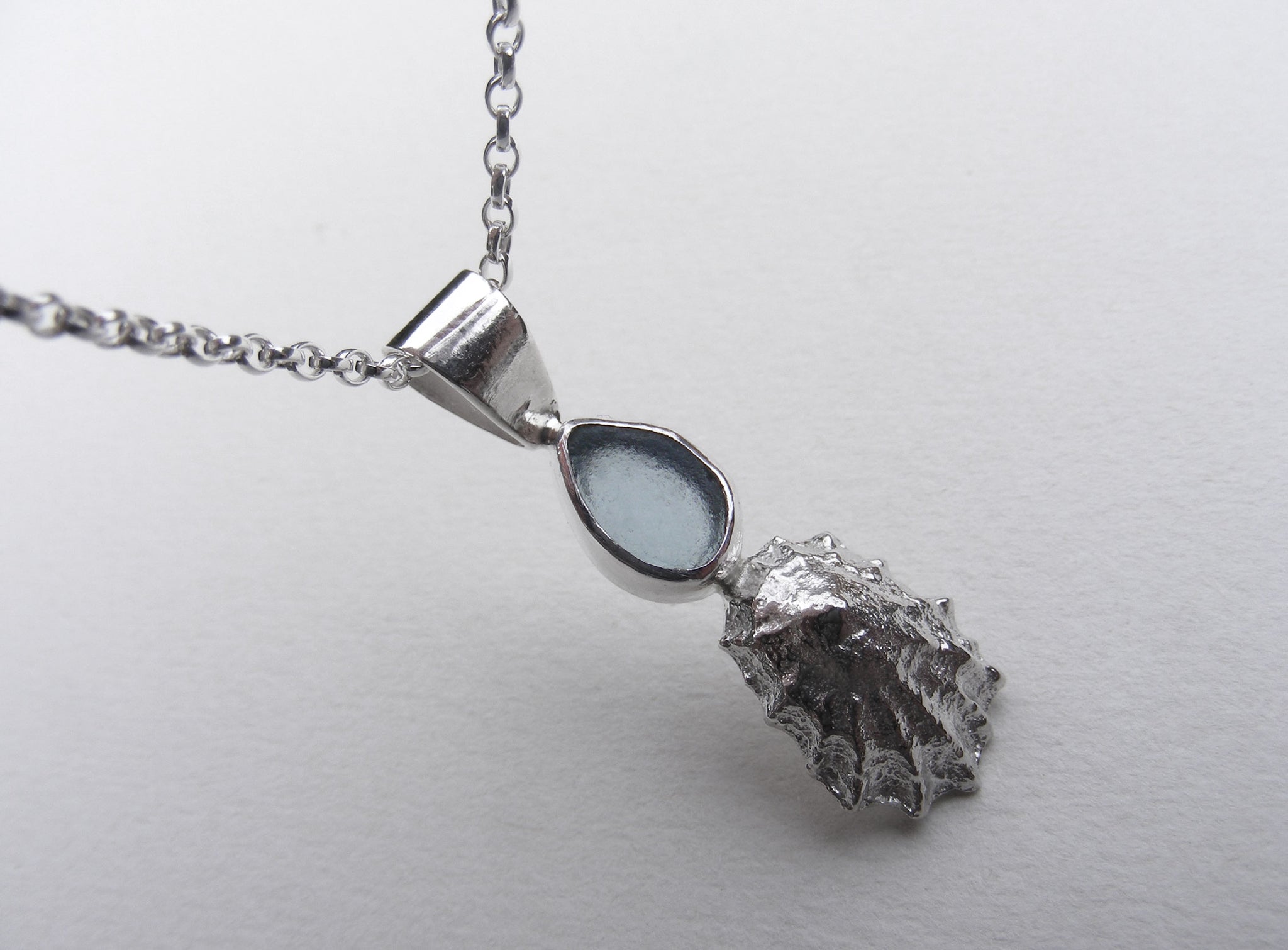 Light Blue St Martin's sea glass and Crackington Haven mini limpet pendant