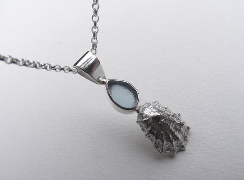 Light Blue St Martin's sea glass and Crackington Haven mini limpet pendant